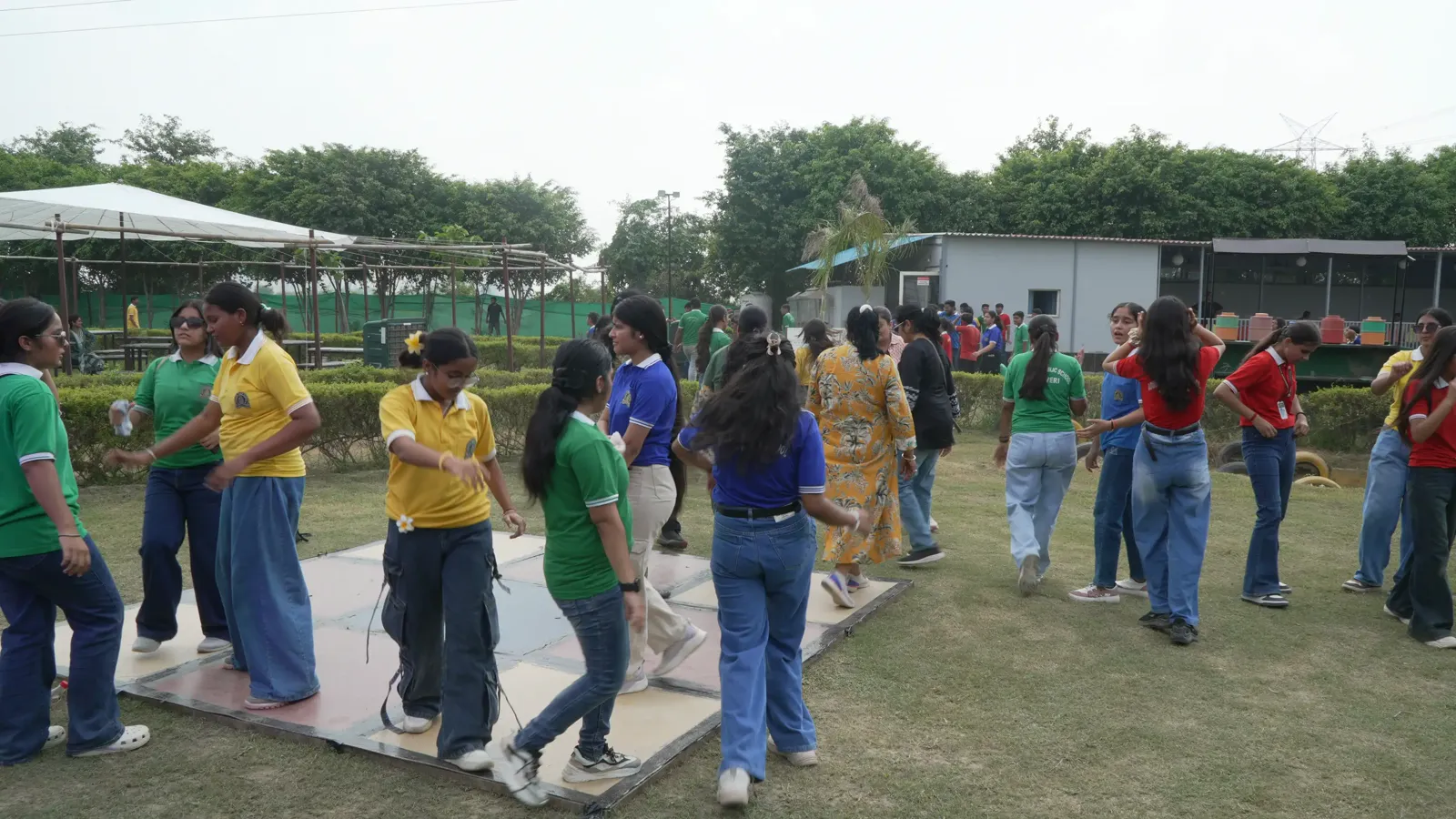 Students playing group games on the lawn during a school picnic