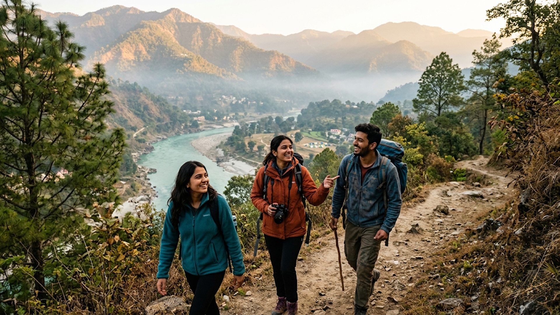 Weekend getaway ideas from Delhi under 2000 - friends trekking near scenic hills and rivers