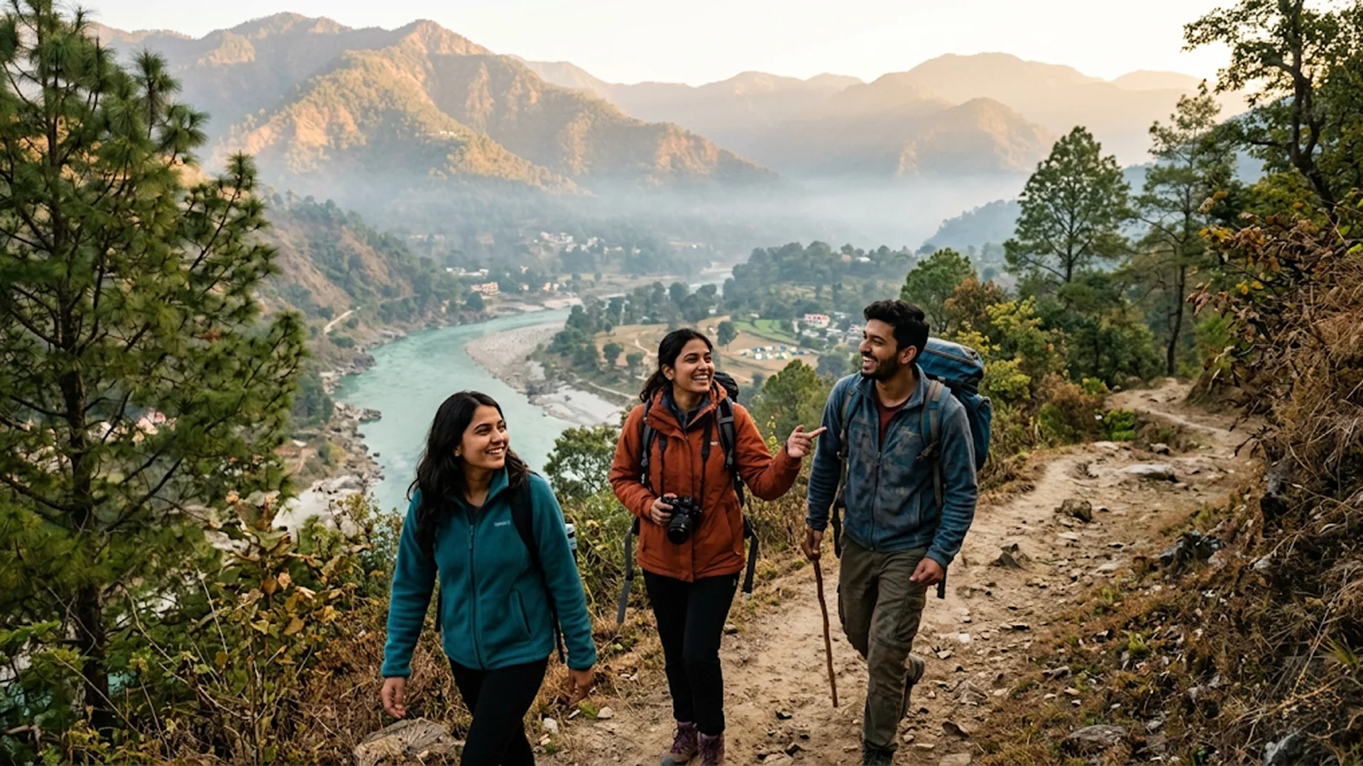 Weekend getaway ideas from Delhi under 2000 - friends trekking near scenic hills and rivers