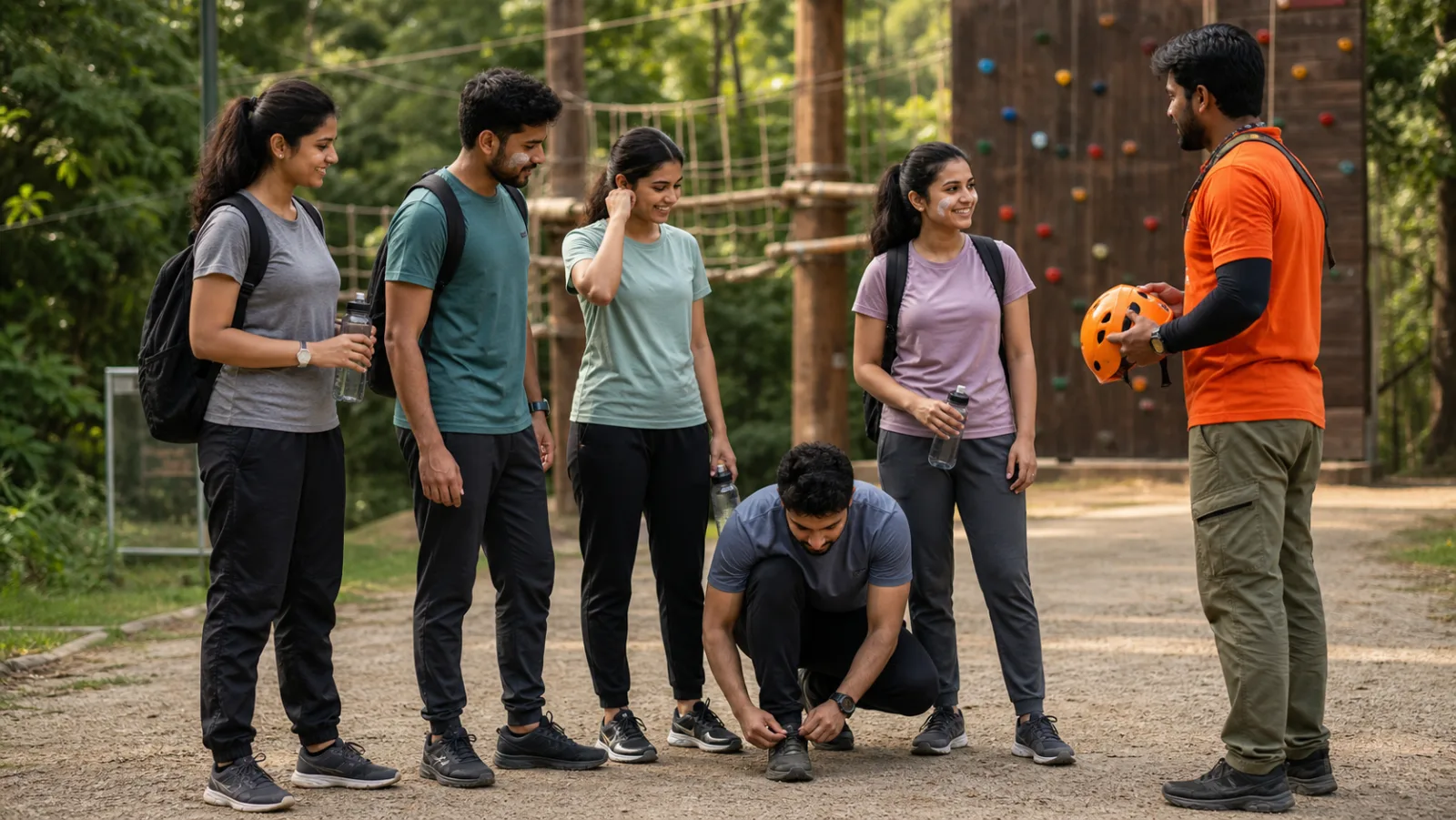 Indian friends wearing sports shoes and practical activewear at an adventure park