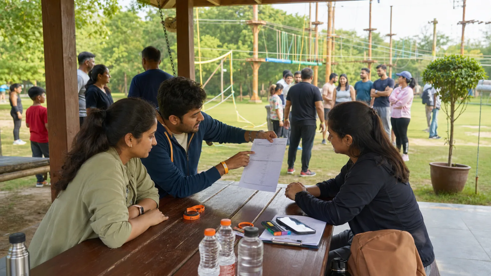 Three group outing organizers reviewing a checklist at an adventure park