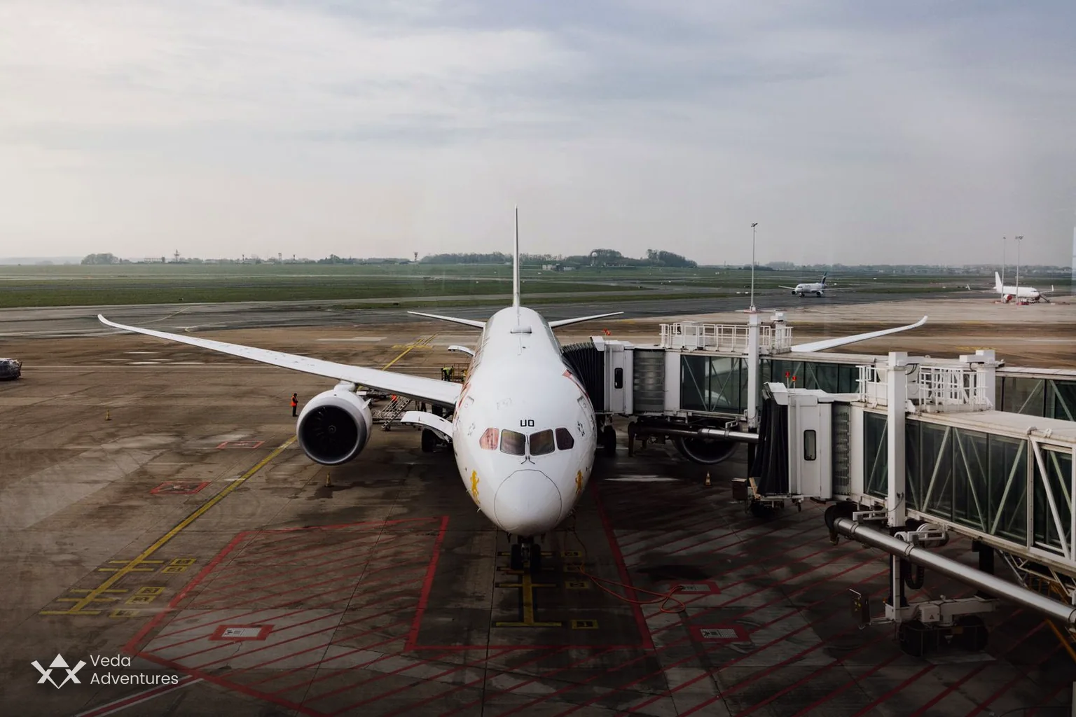 A commercial aircraft at an airport gate, ready for boarding