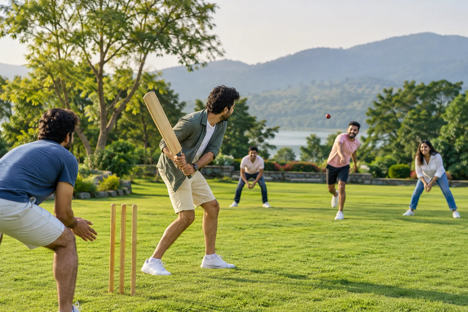 Illustration of friends playing cricket on a green lawn
