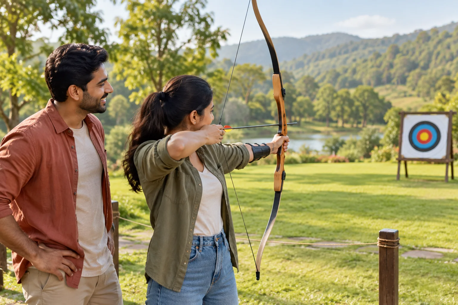 Illustration of a couple enjoying an outdoor archery session