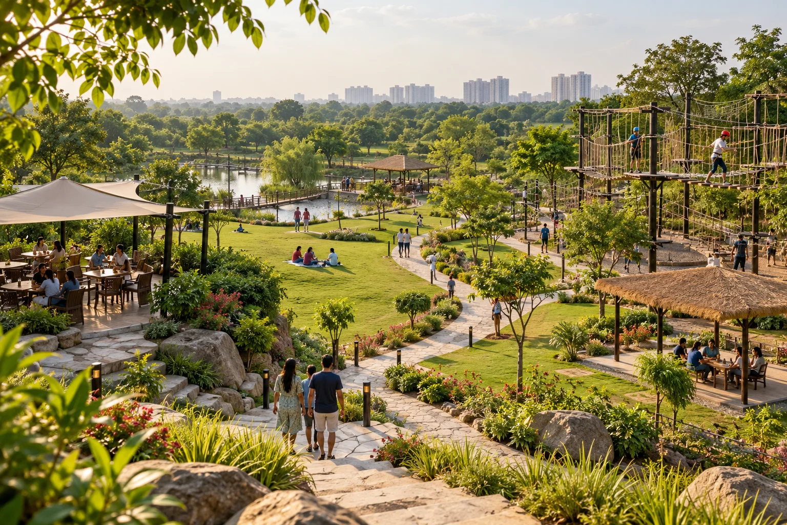 Illustration of a green outdoor recreation park with walking paths and activity areas