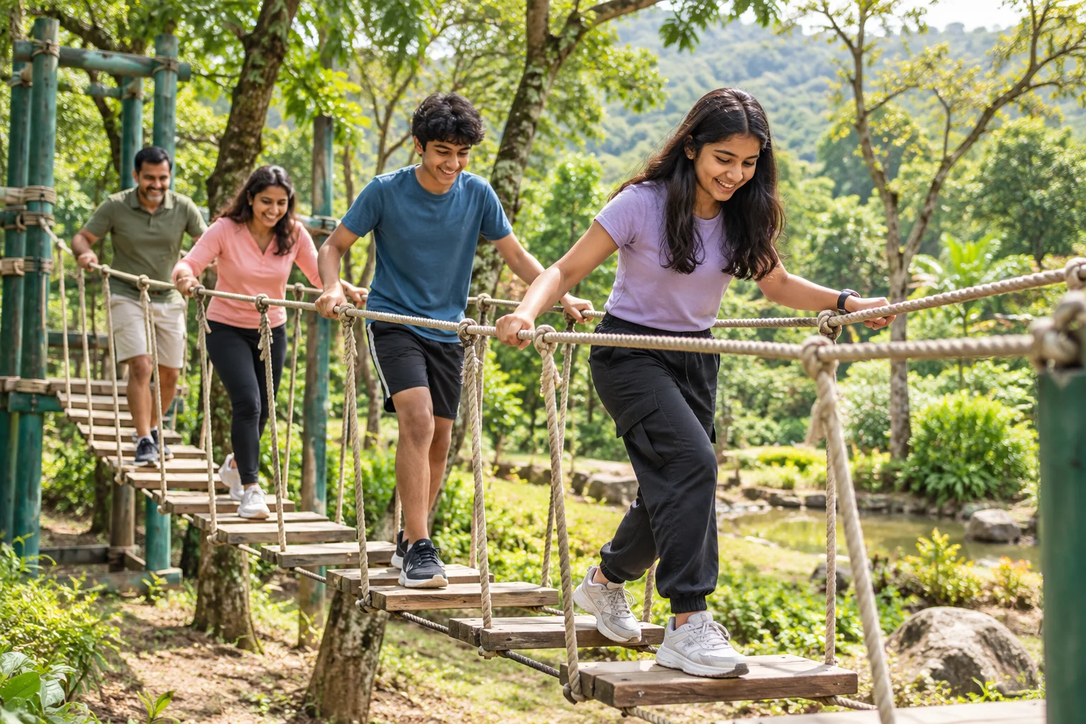 Illustration of teenagers and family on a low rope bridge