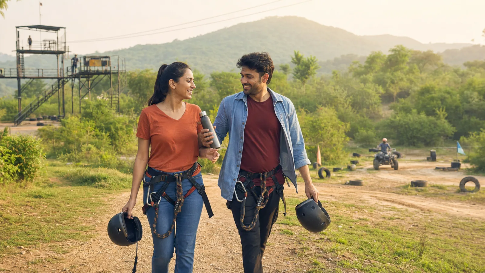 Indian couple walking together after outdoor adventure activities near Delhi