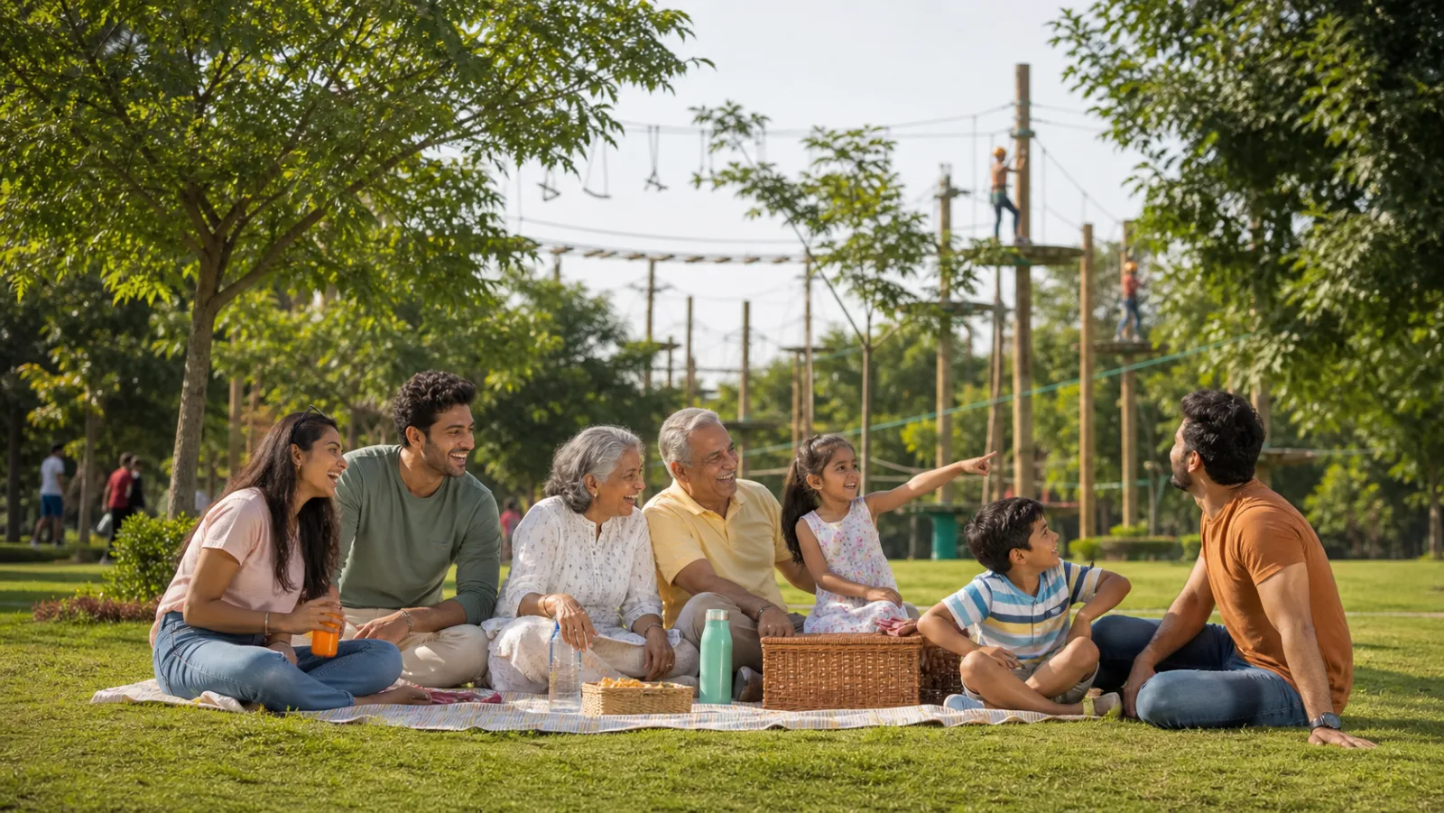 Indian family and friends enjoying a picnic beside a rope course near Noida