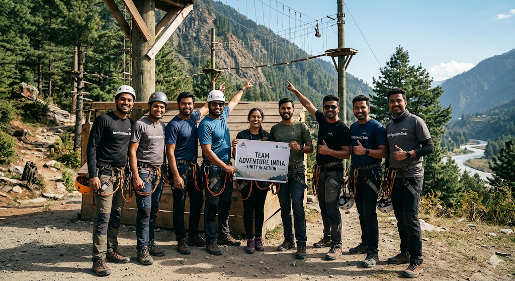 Diverse corporate team bonding through outdoor activities near Delhi