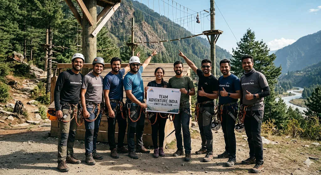 Diverse corporate team bonding through outdoor activities near Delhi