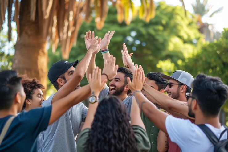 Corporate team celebrating with a group high-five at a team outing near Delhi, Veda Adventures Park Noida