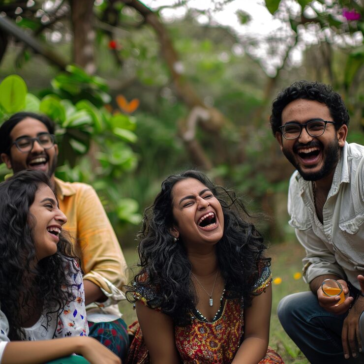 Corporate group laughing and enjoying a fun outing near Delhi at Veda Adventures Park Noida