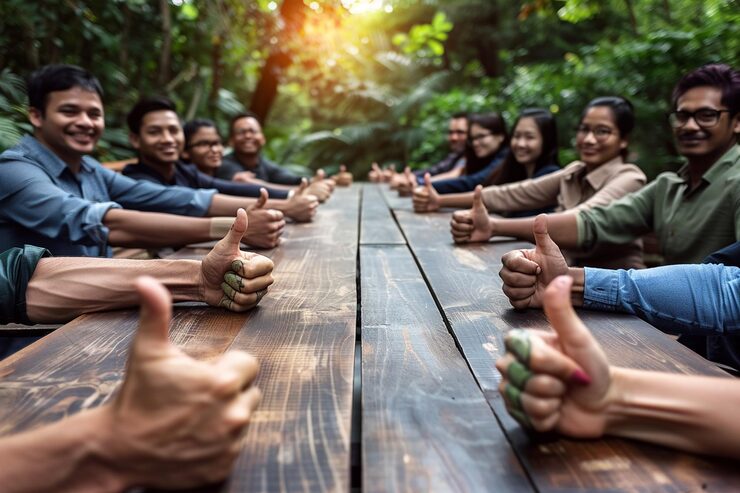 Corporate team giving a thumbs up during an offsite near Delhi at Veda Adventures Park Noida
