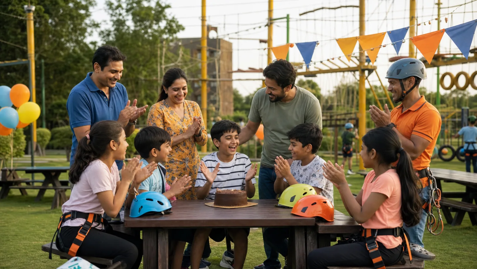 Indian child celebrating a birthday with friends after supervised adventure activities in Noida