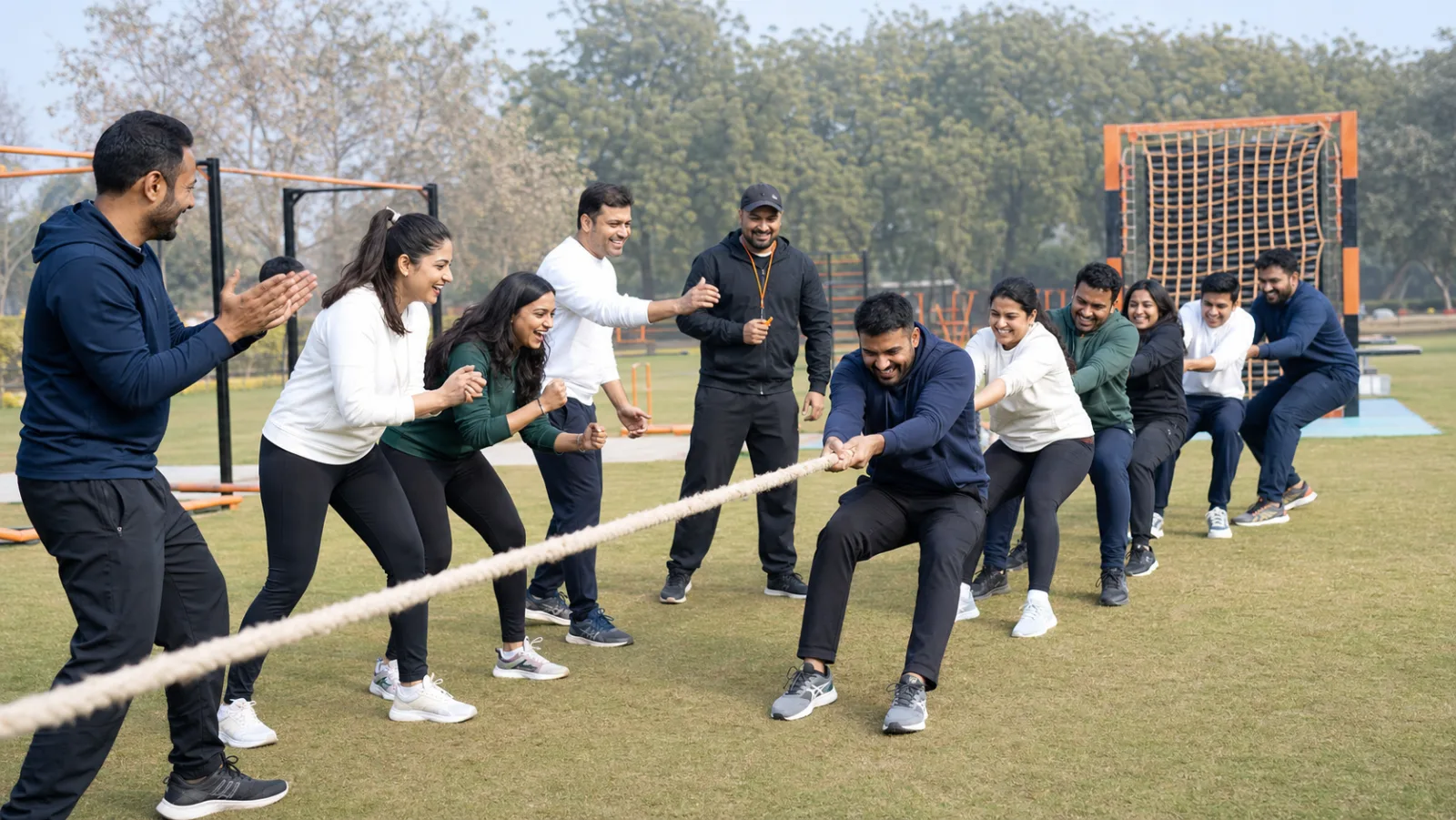 Indian office team playing tug of war during an outing in Noida